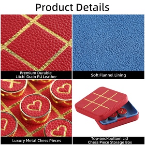 Juego de Mesa de Estrategia Tic-Tac-Toe XO de Cuero PU de Diseño Nuevo y Lujoso, Portátil para Viajes, con Piezas de Metal <span class=keywords><strong>en</strong></span> Forma de X y Corazón - Product Image 3