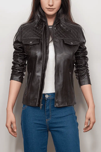 Blouson de moto en cuir noir pour femme, imperméable, respirant, matelassé brut, coupe ajustée, fermeture éclair pour l'hiver et l'automne - Product Image 4