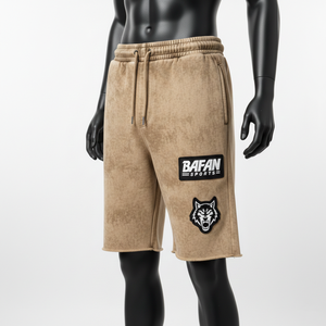 Pantalones cortos de hombre de felpa con lavado ácido, 320 GSM, algodón poliéster, beige arena, bajo sin rematar, con bordado personalizado y logo de parche tejido - Product Image 4