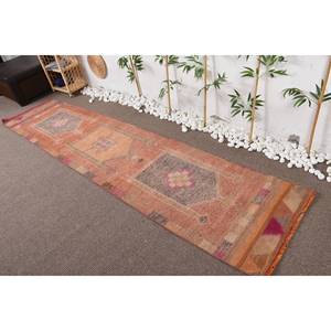 Tapis en Laine Turc Vintage de 2.4X11 Pieds, Orange, Violet, Patchwork Design Style Classique, Latex, pour Adolescents - Product Image 1