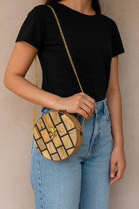 Pochette de soirée de luxe faite à la main en bois et résine, durable et écologique, avec incrustation géométrique, sac à bandoulière avec chaîne, logo personnalisé - Product Image 5
