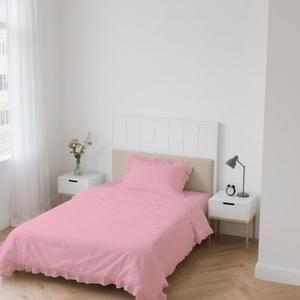 Parure de lit de luxe en polycoton pour une personne, housse de couette et drap-housse rose à volants, motif uni, style princesse pour la maison - Product Image 2