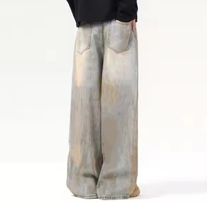 กางเกงยีนส์ทรงหลวมของผู้ชายแบบสั่งทำกางเกงผ้าฝ้ายทรงตรงพร้อมกระดุมตกแต่งลายพื้นระบายอากาศได้ - Product Image 6