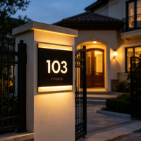 Plaque de porte moderne en acrylique noir avec numéro de maison - Plaque de numéro 3D personnalisée pour villa, bureau et hôtel, résistante à l'eau et illuminée