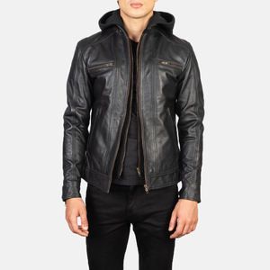 Chaqueta de Motociclista de Cuero Negro para Hombre, Capucha Extraíble, Dobladillo Acanalado, Bolsillos con Doble Cremallera, Prenda Exterior de Motociclista Elegante, Cuero Genuino - Product Image 1