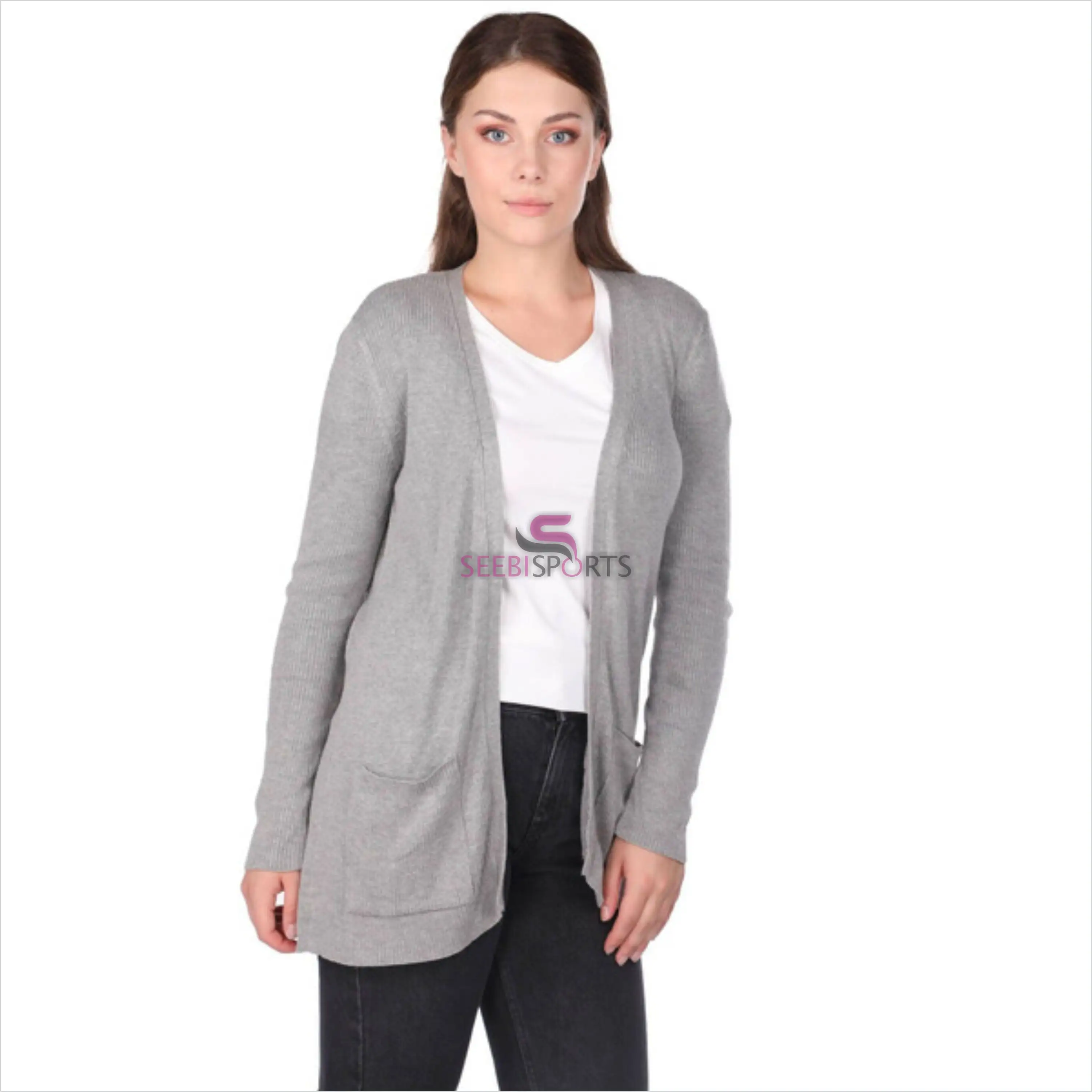 Graue Strickjacke für Damen mit offenen Front taschen