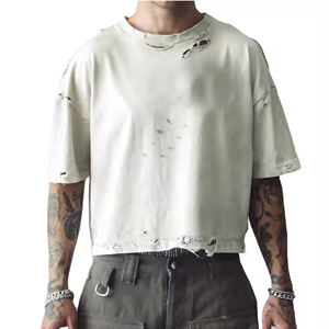 T-shirt vintage déchiré à taille ample pour homme, vêtements personnalisés, streetwear, t-shirt blanc à trous - Product Image 2