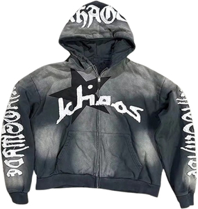 Haute qualité coton surdimensionné en détresse broderie longue Flare pantalon ensemble unisexe hommes survêtements lavage à l'acide 2 pièces fermeture éclair survêtement - Product Image 3