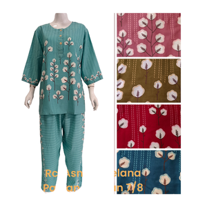 Conjunto de pijama de rayón con patrón floral para mujer, de manga larga Top, pantalones hasta la rodilla para uso diario en el hogar en la temporada de verano, venta al por mayor - Product Image 1