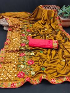 Saree en soie Rangoli avec travail de broderie Collection de saris indiens de créateur élégant parfait pour le mariage de mariée - Product Image 2