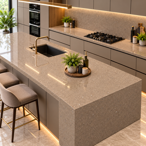 Îlot de cuisine avec des dalles de quartz polies Essel Brown Premium pour comptoirs commerciaux, comptoirs de réception, plans de bar et crédences - Product Image 3