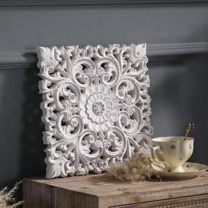 Décoration murale de médaillon en bois sculpté rustique vintage, art suspendu de ferme blanc vieilli pour décoration intérieure élégante pendant le Diwali - Product Image 2