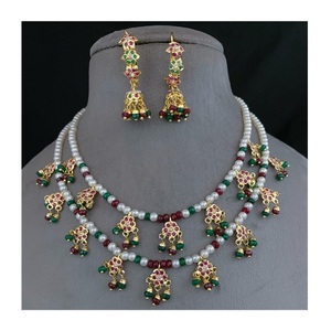 High Quality Jadau Necklace Set Gold-Plated Earrings Exquisite Brass <b>Jewelry</b> Featuring <b>Pearl</b> Weddings Parties Special Occasions - Product Image 1
