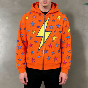 Sudadera con Capucha para Hombre, Moderna, Color Naranja Brillante, con Cierre, Estampado de Estrellas y Rayos Coloridos, Informal, para Uso Diario, Estilo Urbano, a la Moda - Product Image 1
