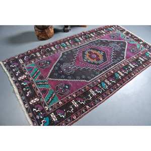 Classic Vintage Turkish <b>Rug</b> 4.4 X 8.1ft <b>Purple</b> Black Patchwork Design Handmade Wool Polyester Latex for Living Hallway Rectangle - Product Image 2