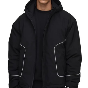 <b>Men's</b> Black Hooded <b>Puffer</b> <b>Jacket</b> With <b>White</b> Stitching Windproof Polyester Fleece Lining Winter Casual Outerwear - Product Image 1