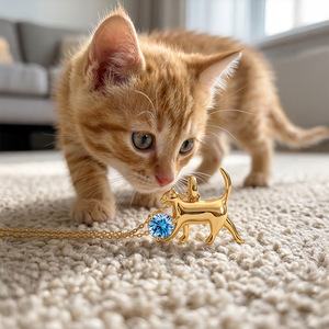 Jeulia Custom Gold Cat Necklace with Birthstone Diamond Pearl Chain - Product Image 3