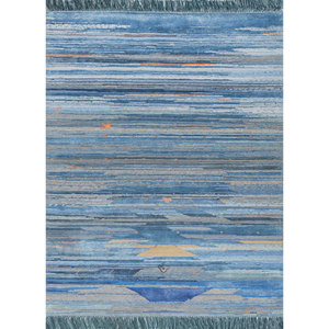 Alfombra Manchaha Azul de Lana y Seda de Bambú Anudada a Mano, 10 mm de Grosor, Rectangular, con Patrón para Pasillo, Modelo Les-1766 - Product Image 1