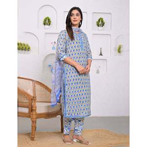 Ensemble Kurta et pantalon en coton gris imprimé à blocs pour filles, tenue traditionnelle ethnique Salwar Kameez pour les occasions spéciales et les fêtes, en tissu filet - Product Image 3