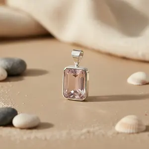 Pendentif en argent 925 avec quartz rose pour femmes, bijoux élégants en pierres précieuses avec breloques en cristal - Product Image 1