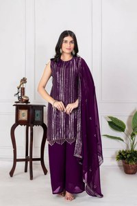 Costume Salwar trois pièces en tissu de soie Georgette à fleurs lourdes avec ensemble Dupatta - Product Image 3