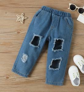 Niñas fuera del hombro Tops y pantalones de mezclilla Trajes Verano Niño Manga corta Tops Agujero Pantalones largos Conjuntos de ropa - Product Image 5