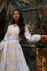 เดรสลำลองสไตล์โบฮีเมียนสำหรับผู้หญิงยูเครน คอลเลคชั่นฤดูร้อนปี 2026 ขายส่ง แขนยาว ความยาวปานกลาง ลายพิมพ์ผ้าฝ้ายเรียบง่าย สไตล์ชายหาด - Product Image 4