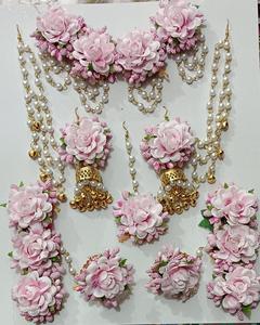 ก่อนแต่งงานดอกไม้ประดิษฐ์เครื่องประดับที่มีไข่มุกและ jhumkas สีทองสีชมพูอ่อนดอกไม้ชุดเครื่องประดับเจ้าสาวทำด้วยมือ haldi พิเศษ - Product Image 1