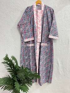 Kimono largo de algodón hecho a mano para mujer, vestido largo hasta el suelo, albornoz estampado en Bloque para verano, ropa de dormir, vestido informal para dama de honor - Product Image 6