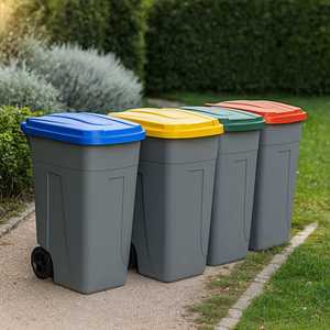 Cestino per rifiuti da esterno da 80 litri con Clip per coperchio in plastica resistente alle ruote e portaborse disponibile in blu verde giallo - Product Image 3