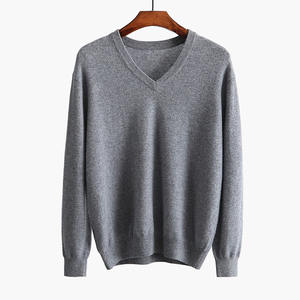 Mens 100% Cashmere Knitwear Custom Long Sleeve Grey Plain Woven Knitted V Neck <b>Pullover</b> <b>Sweaters</b> - Product Image 4