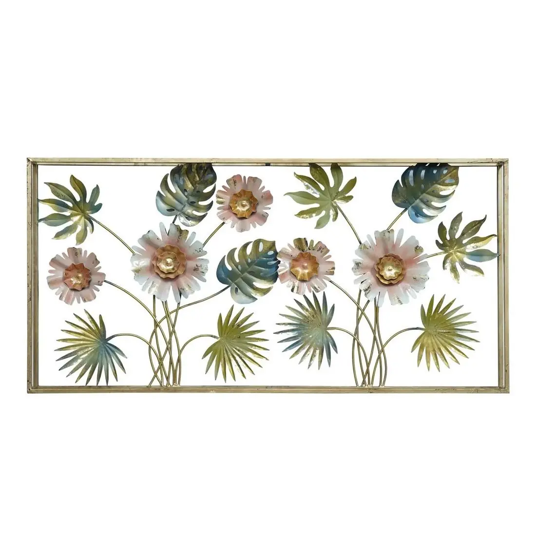 Retro Wrought Iron Leaf and Flowers Art Handicraft Display Wall Hanging Vintage Rectangle Painting Metal Flower Alloy Wall Art