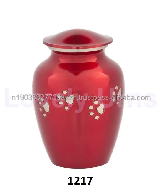 真ちゅう製の赤い刻印シルバーの足跡ペット火葬壷