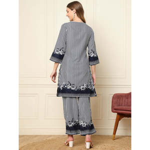 Conjuntos coordinados Deebaco para mujer, con rayas azules, cuello en V, manga tres cuartos, largo hasta el tobillo, estilo casual de verano, kurta con palazzo. - Product Image 4