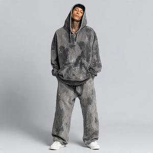 Acid <b>Wash</b> Embroidered Fleece Baggy Tracksuit <b>Men</b> Winter Drop Shoulder Hoodie Wide Leg Sweatpants Jogger Set Oversized - Product Image 1