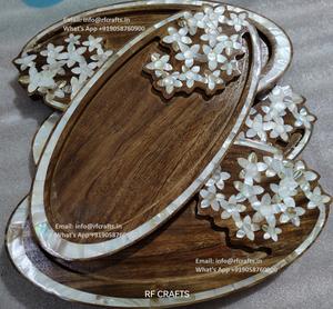 Bandeja para servir de madera de acacia con incrustaciones de nácar con madreperla para decoraciones de boda y regalos Eid - Product Image 1
