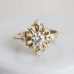 Vintage yuvarlak mozanit nişan yüzüğü 10K sarı altın antika alyans top tasarım Shank çerçeve seti elmas yüzük onun için