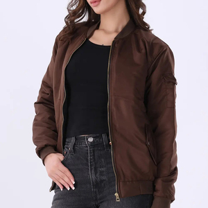 Chaqueta Bomber Marrón Chocolate para Mujer, Diseño Clásico con Cremallera Completa, Bolsillo Utilitario en el Brazo, Prenda Exterior Informal Ligera, Moda Otoñal - Product Image 3
