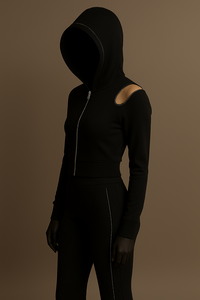 Conjunto de chándal Athleisure negro para mujer al por mayor Sudadera con capucha y cremallera y hombros recortados Pantalones acampanados Traje de moda de dos piezas - Product Image 5