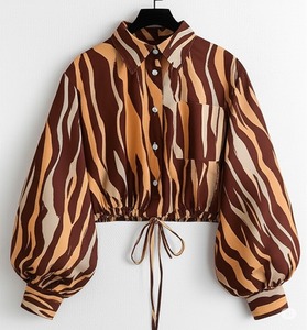 Women's Striped Balloon Sleeve Blouse Shirt Collar Loose Fit With Pocket And Tie Waist Casual <b>Top</b> Full Sleeve Chiffon Material - Product Image 5