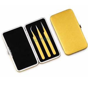 Juego de Pinzas para Pestañas de Acero Inoxidable Puntiagudas de Primera Calidad con Función Antimagnética, Mango Amarillo y Estuche Metálico, Venta al por Mayor - Product Image 1