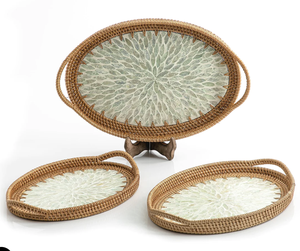 Round Mother of Pearl <b>MOP</b> Tray with Jute and Sea Grass <b>Handles</b> Rattan Ottoman for Tea Coffee Snacks Serving Home Use - Product Image 1