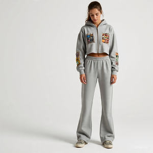 Ensemble 2 pièces personnalisé sweat-shirt pour femme avec patch de broderie vieilli sweat-shirt à capuche et pantalon de survêtement zippés ensemble survêtement pour femmes - Product Image 1