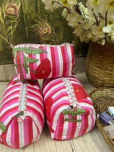 Juego de 3 hermosas bolsas de cosméticos acolchadas de algodón Floral rosa, impresas a mano, duraderas, elegantes, Vintage, grandes, medianas y pequeñas de capacidad - Product Image 3