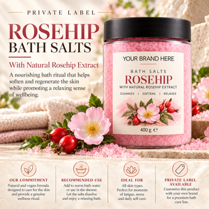 Bagno Minerale al Rosa Mosqueta con Etichetta Privata 400g |   Cura della Pelle Naturale Vegana e Nutriente |   Produttore OEM Spagna - Product Image 3