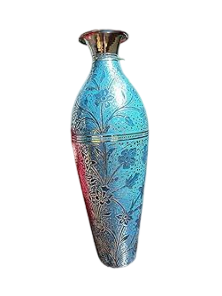 インド製のヴィンテージエッチング真鍮花瓶、彫刻入り真鍮と黒エナメル