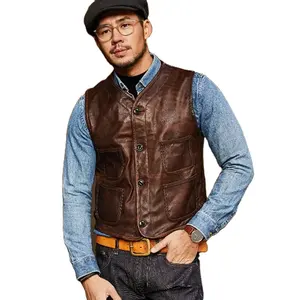 2023 Brown Vintage Homens Slim Fit Colete De Couro Casual Único Breasted Plus Size XXXL Genuine Pele De Carneiro Fino Primavera Casaco Natural