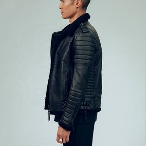 <b>Men's</b> <b>Shearling</b> Leather <b>Jacket</b> New Sheepskin Biker Style Black Faux Fur <b>Jacket</b> - Product Image 4