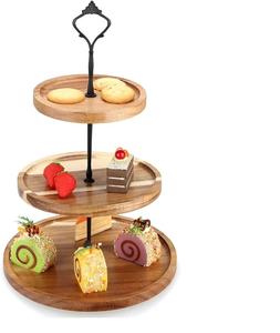 Support à gâteau à 2 niveaux en bois d'acacia, tige en aluminium, montage facile, plateau de présentation de desserts, tour à cupcakes en bois, concept maison CMC-CS40 moderne - Product Image 3