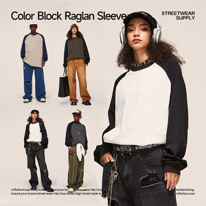 Roof Gallery Color Block Raglan Long Sleeve T Shirt 265G Cotton Jersey Plus Size Men's Streetwear Breathable O-Neck - Product Image 3